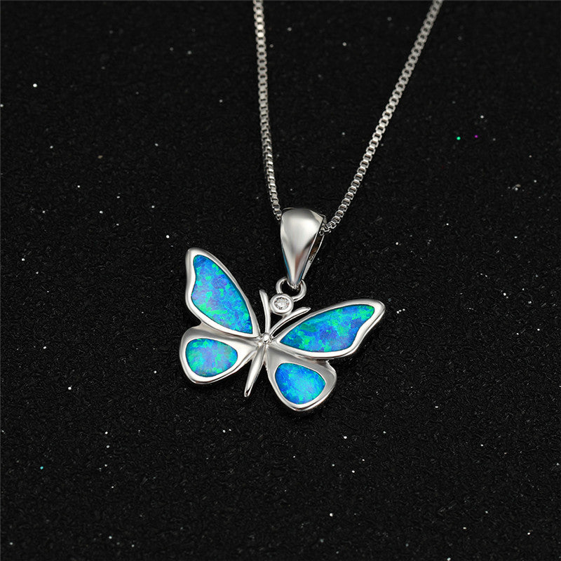White Gold Blue Opal Butterfly Necklace