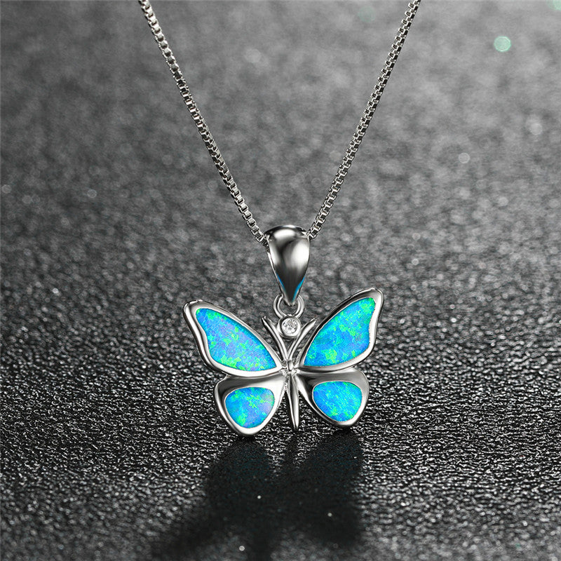 White Gold Blue Opal Butterfly Necklace