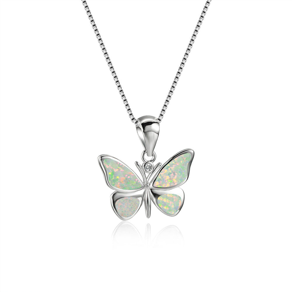 White Gold Blue Opal Butterfly Necklace