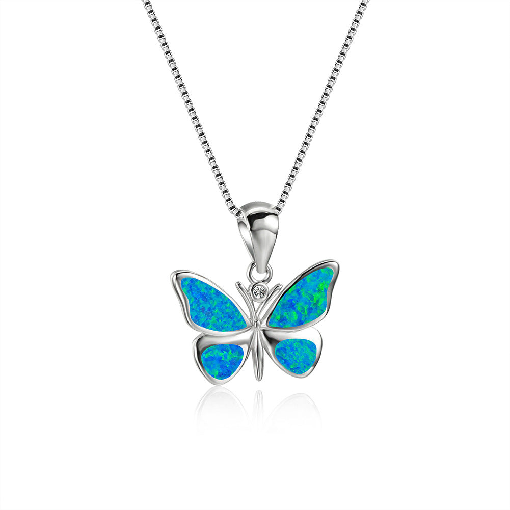 White Gold Blue Opal Butterfly Necklace