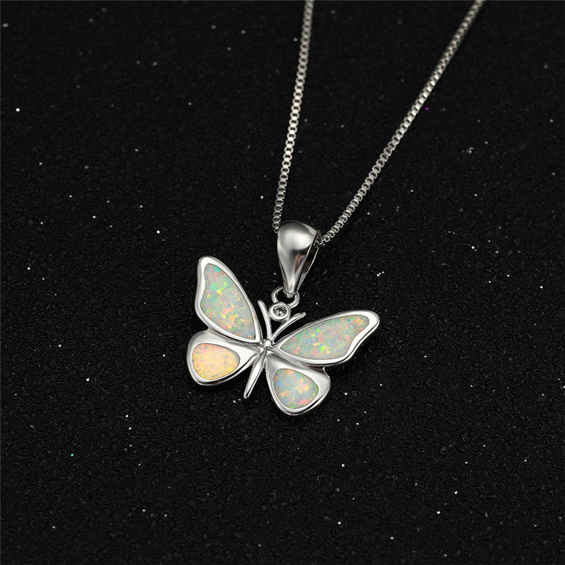 White Gold Blue Opal Butterfly Necklace
